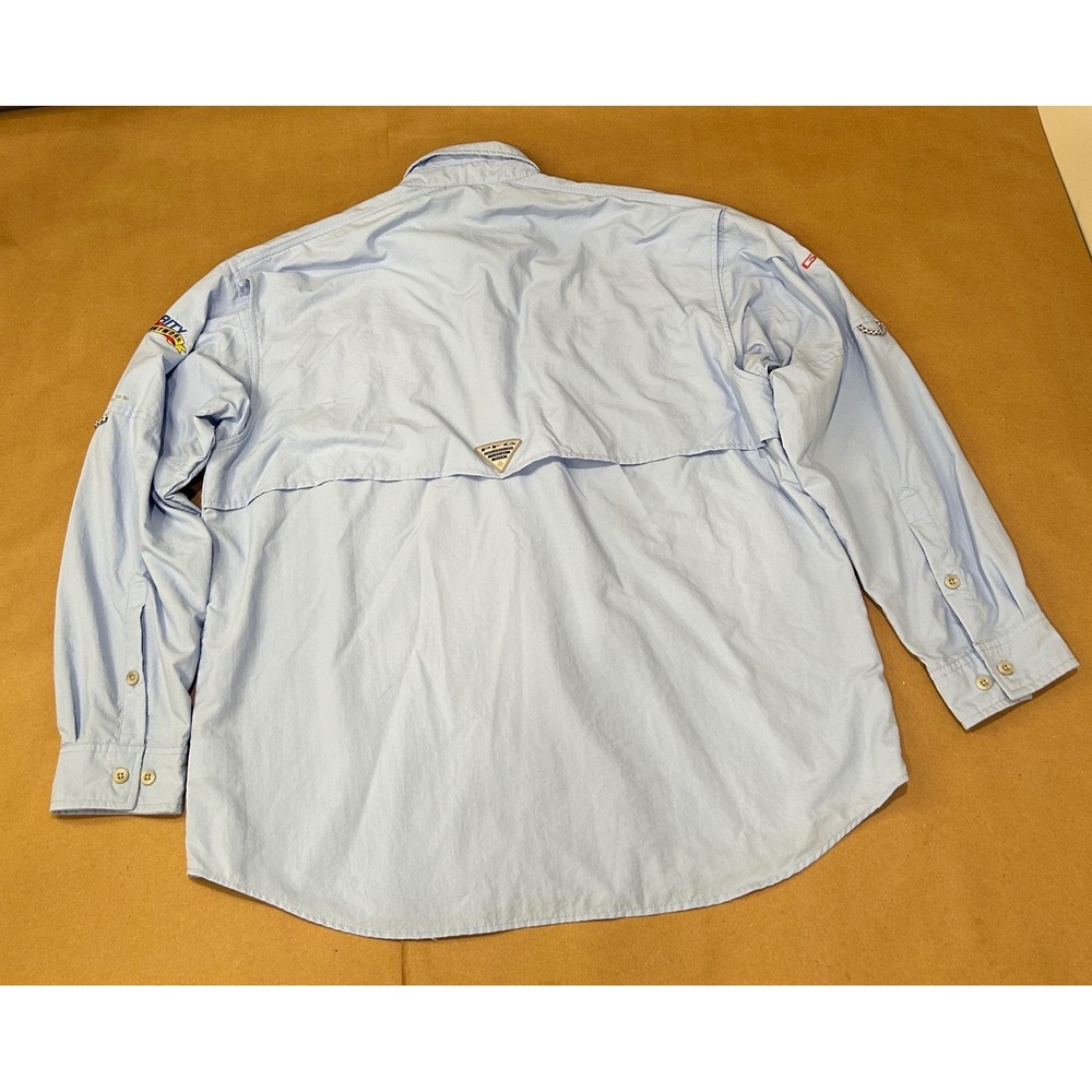Columbia Blue PFG Omni Shade Fishing Shirt Mens Large w/company logo - Picture 2 of 11